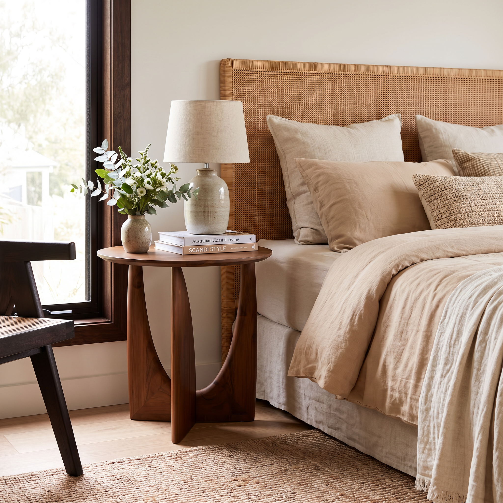 Malmo walnut bedside table styled beside a bed in a coastal Scandinavian bedroom