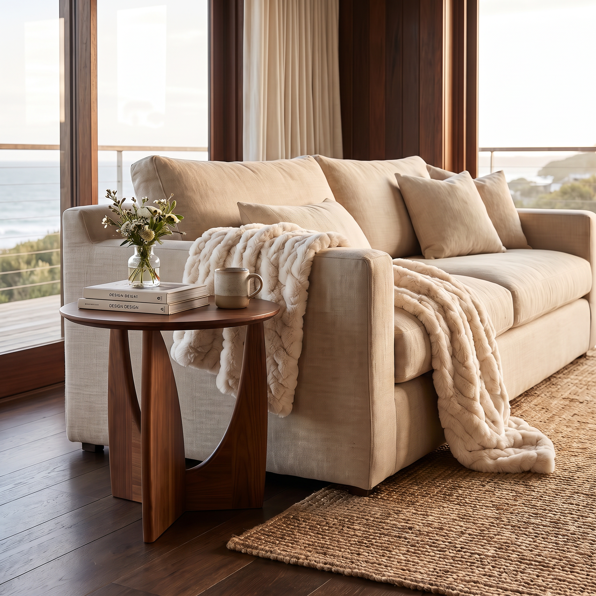 Malmo walnut side table in a coastal Scandinavian living room beside a linen sofa