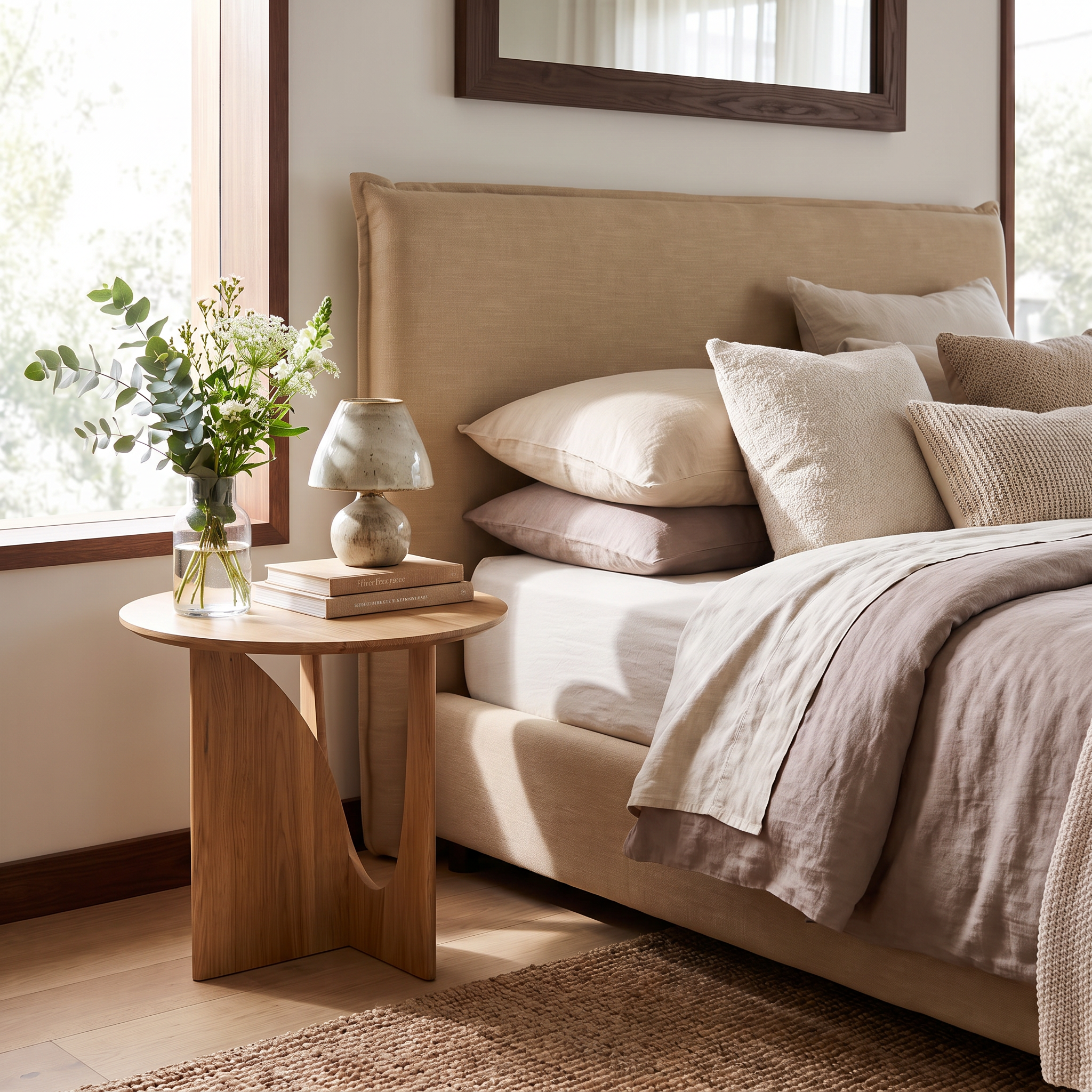 Malmo oak bedside table styled beside a bed in a coastal Scandinavian bedroom