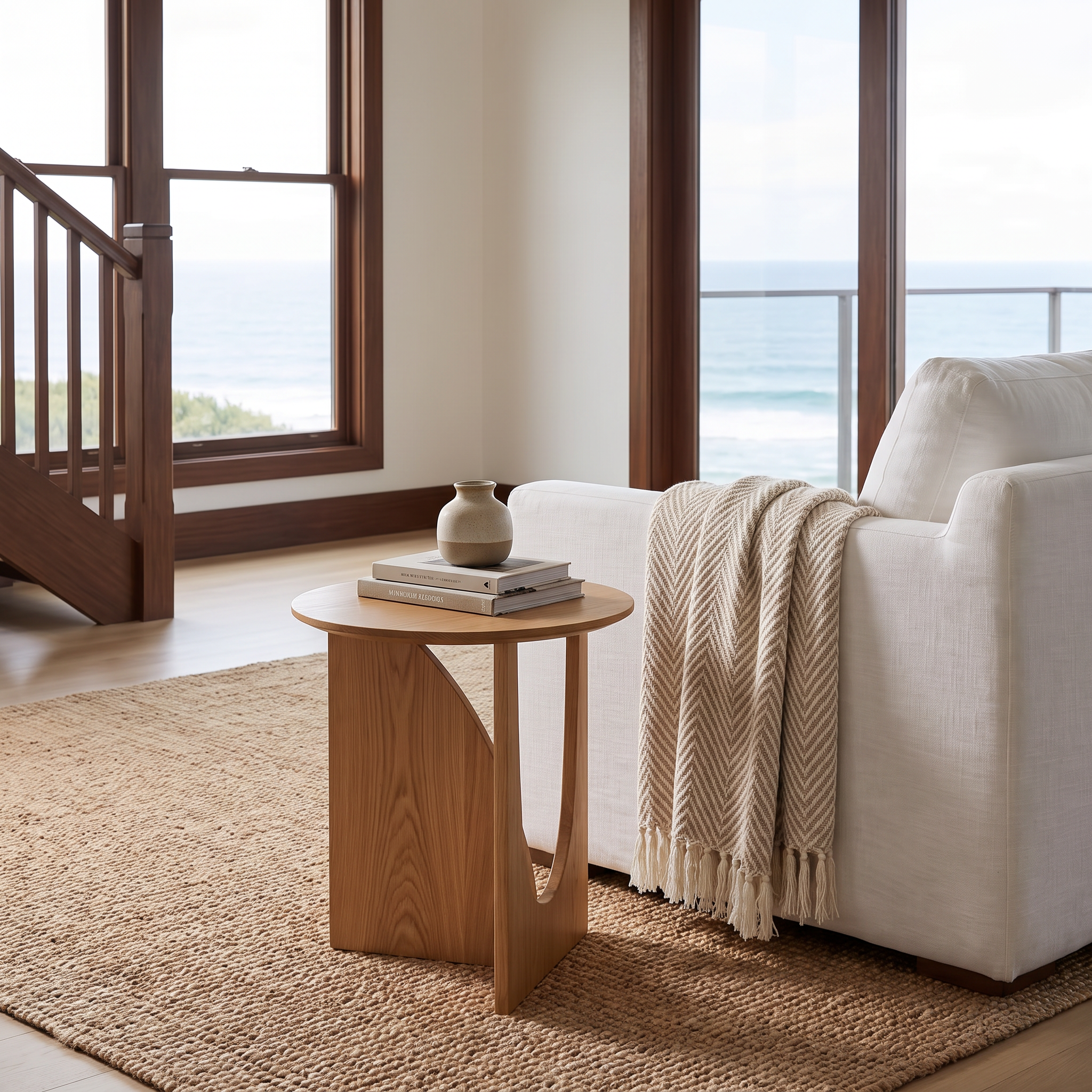 Malmo oak side table in a coastal Scandinavian living room beside a linen sofa