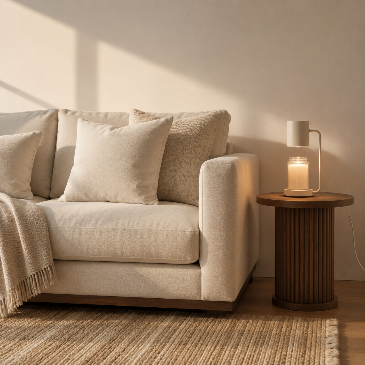 Maple candle warmer lamp glowing with warm ambient light