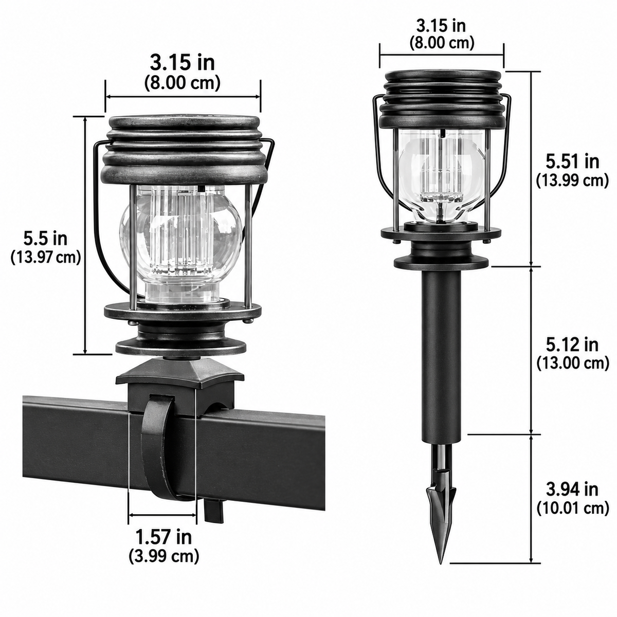 Mari Outdoor Solar Lantern dimensions, 8cm (3.15in) wide and 14cm (5.5in) tall, strap and ground stake styles