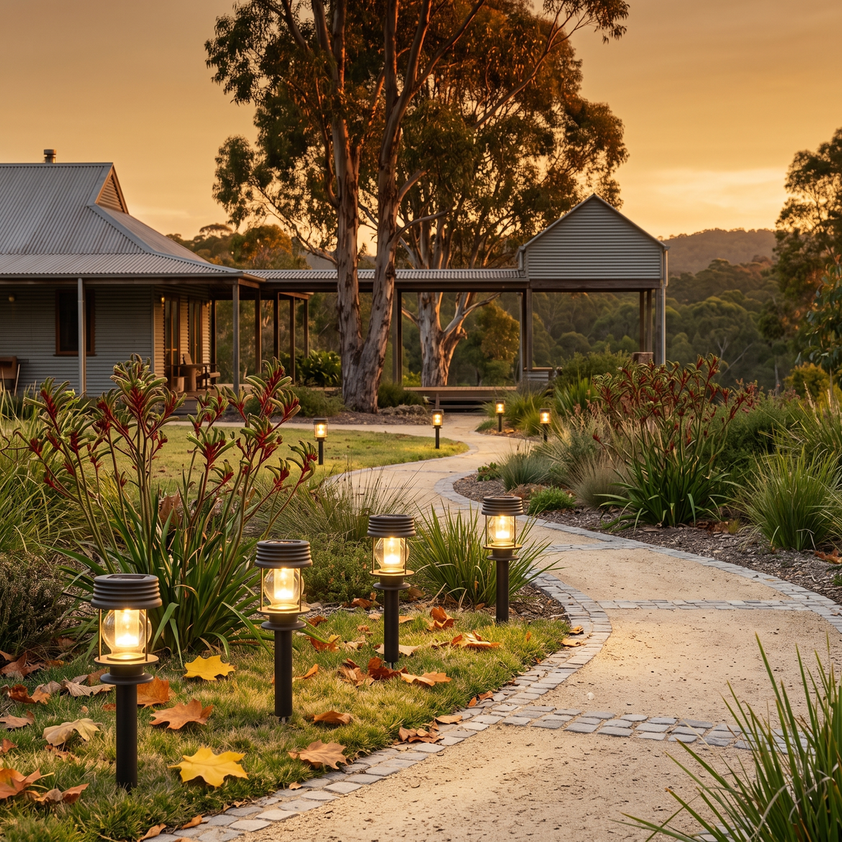 Mari Outdoor Solar Lanterns on ground stakes along a granite path to a hinterland home at golden hour
