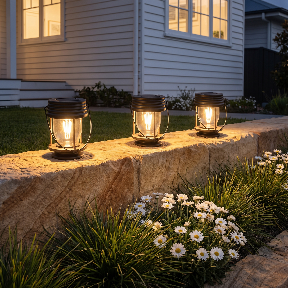 Three portable Mari Outdoor Solar Lanterns glowing on a sandstone wall by a weatherboard beach house at night
