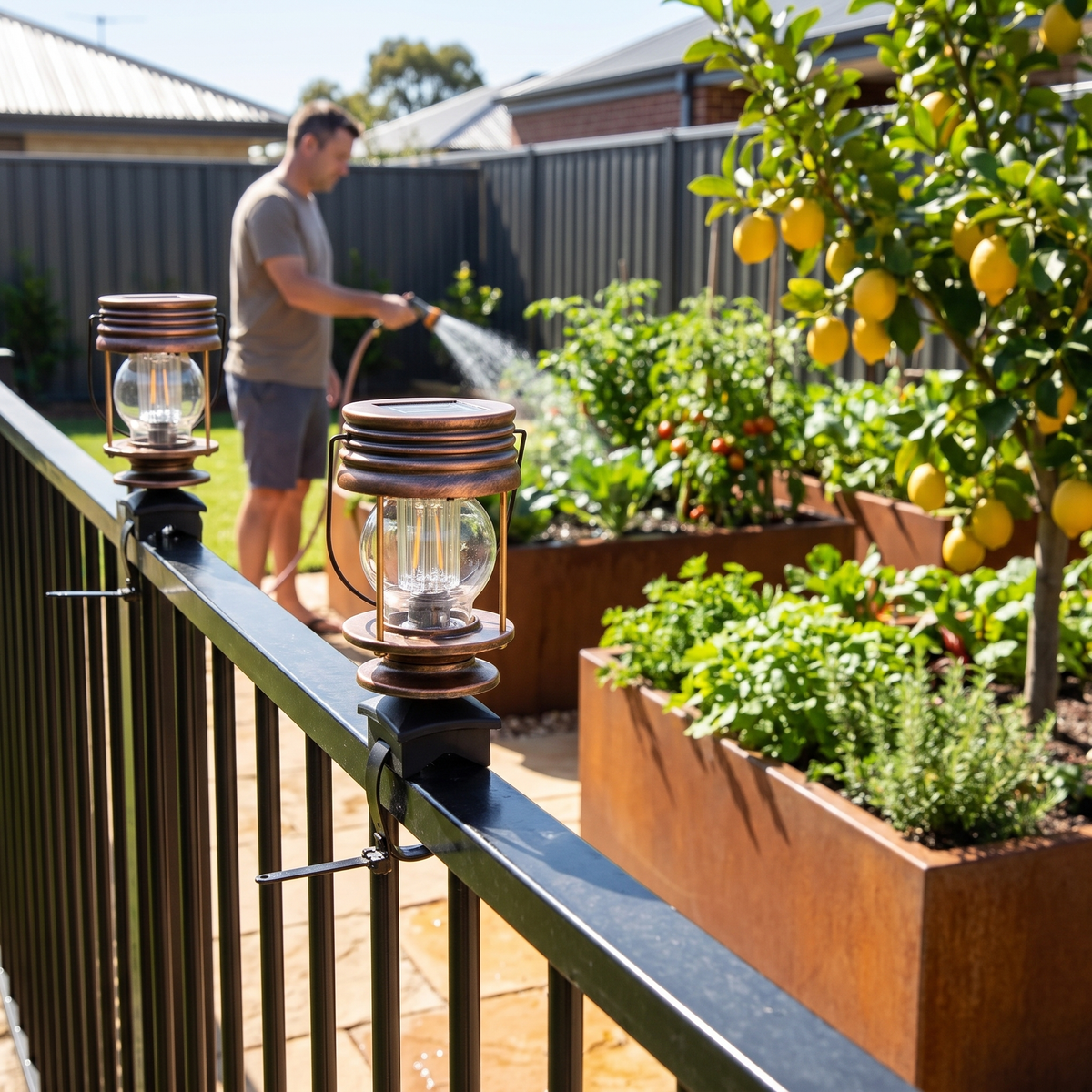 Two Mari Outdoor Solar Lanterns strapped to a black steel fence by corten veggie beds in the morning
