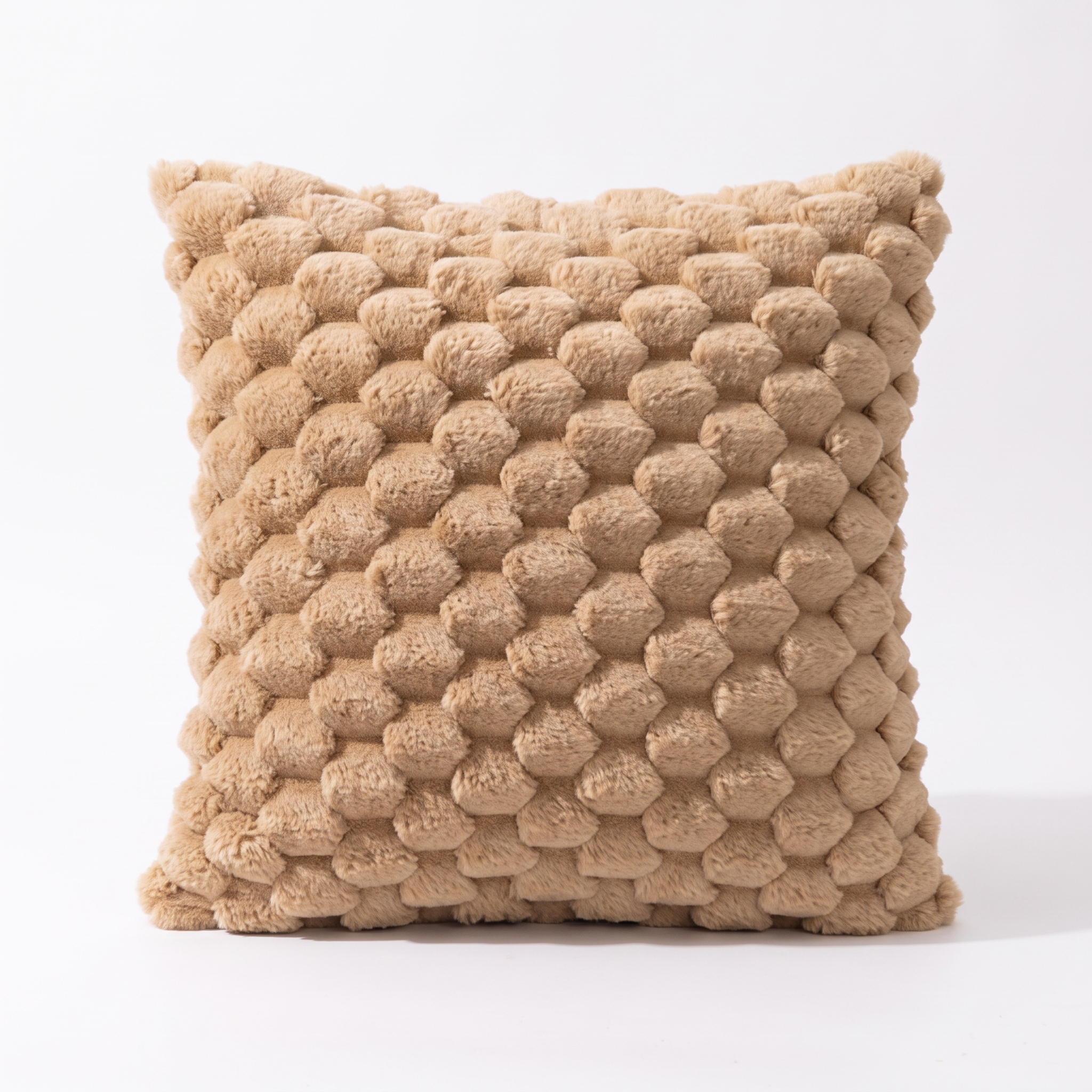 Maria plush 3D textured cushion cover in khaki on a white background