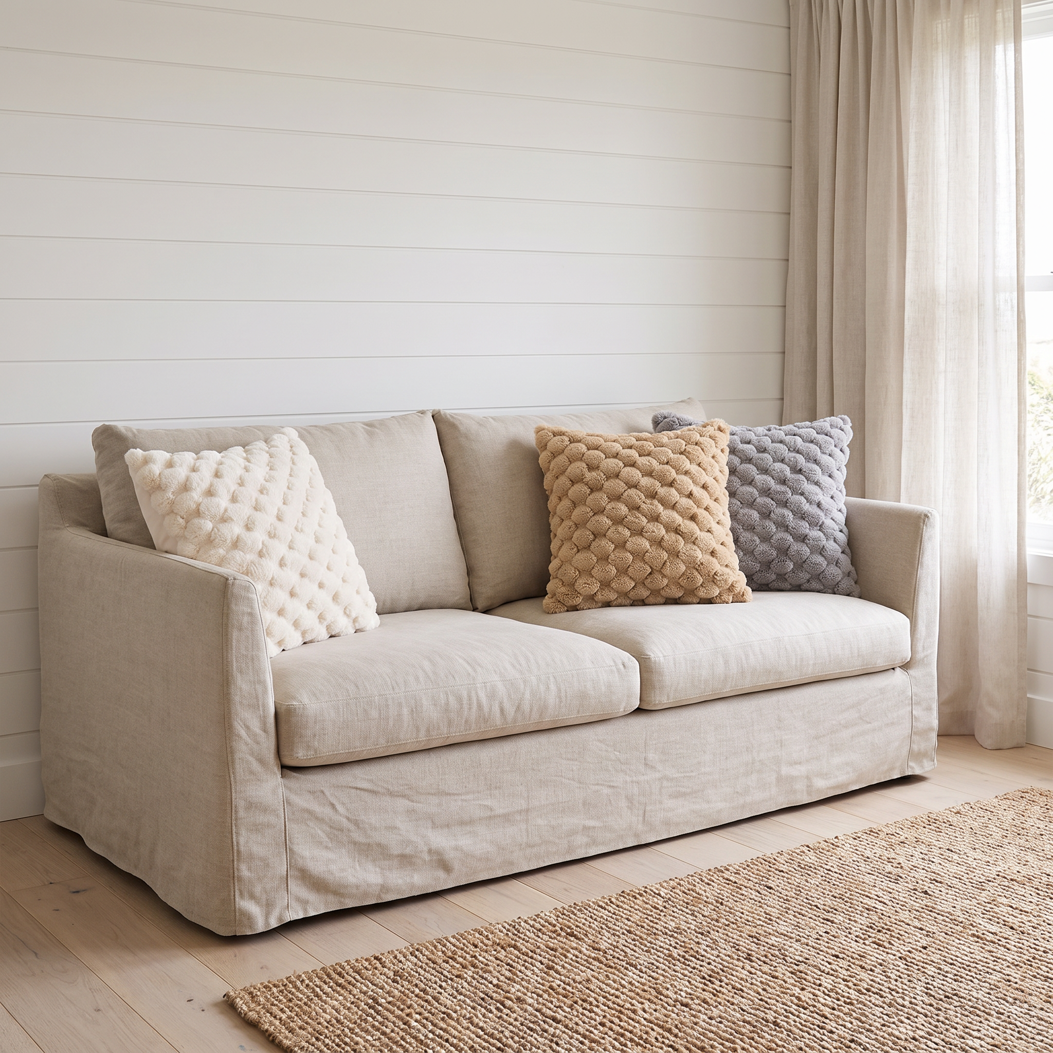Maria cushion covers in cream, khaki and gray on an oatmeal linen sofa