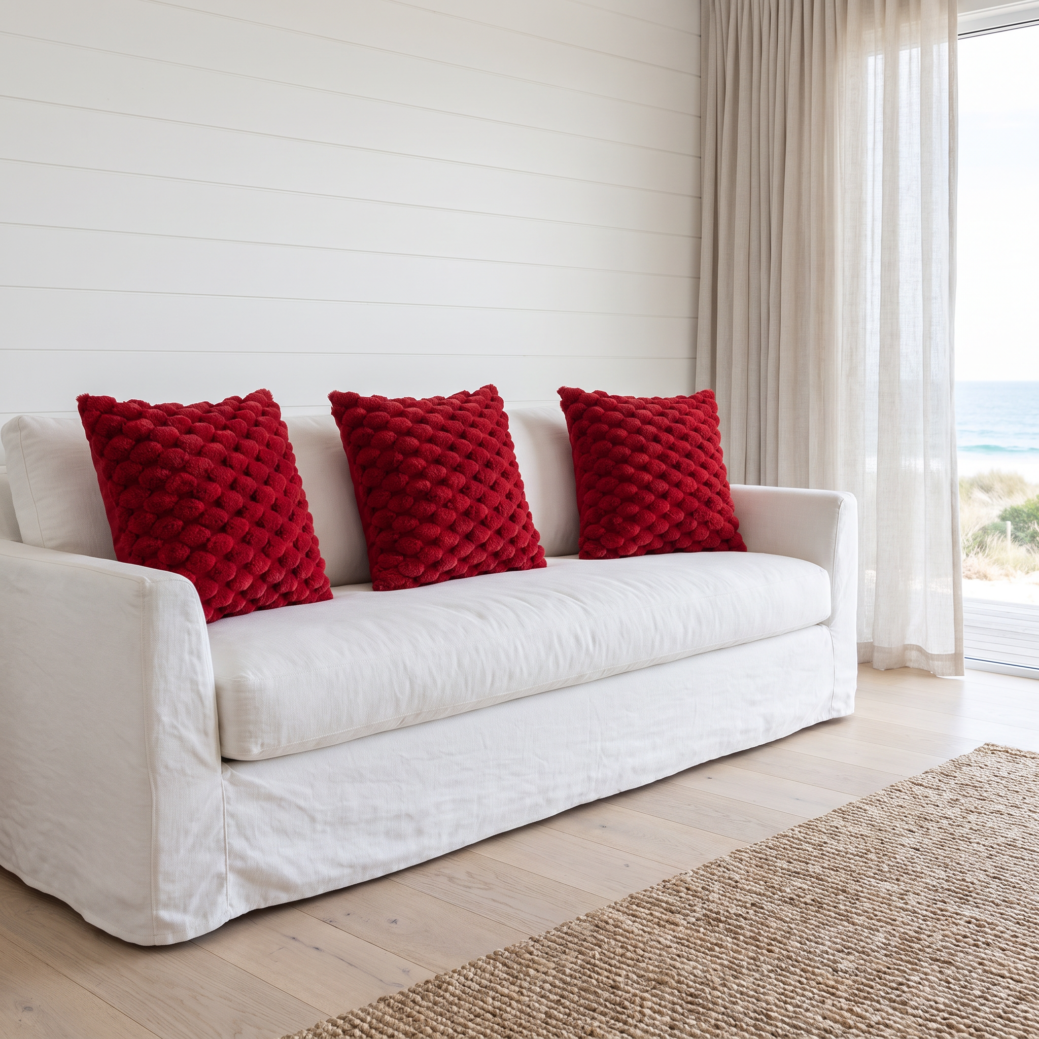 Three matching Maria cushion covers in red on a white linen sofa