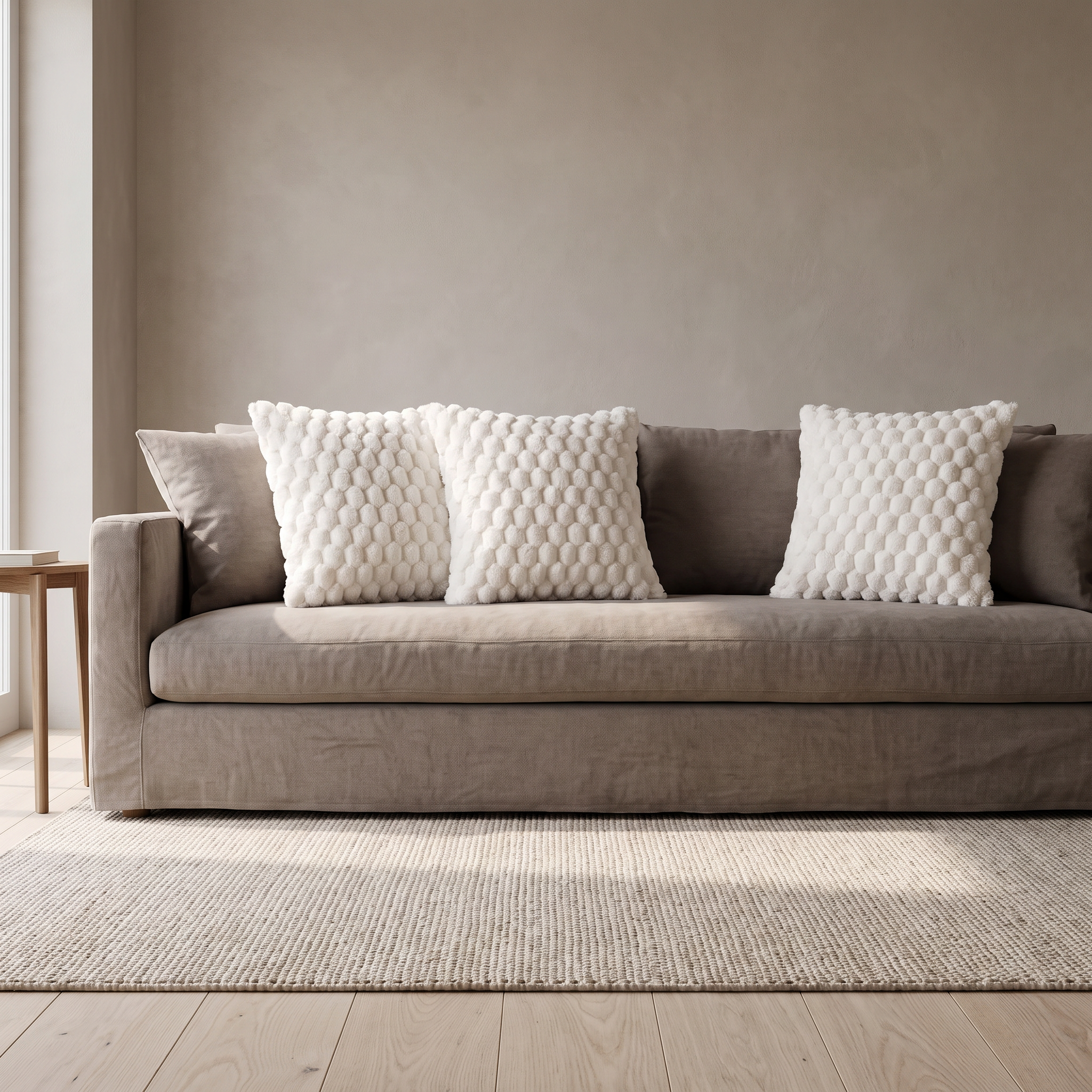 Three matching Maria cushion covers in white on a taupe linen sofa
