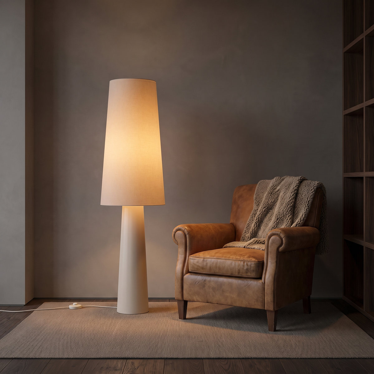 Marit Modern Floor Lamp lighting a leather armchair in a reading corner at dusk