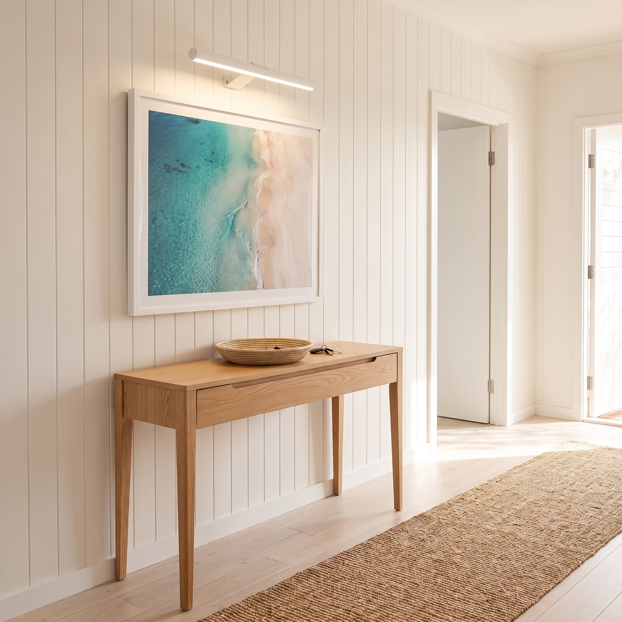 Marley cordless rechargeable picture light in White lighting a framed coastline photograph in a shiplap entry