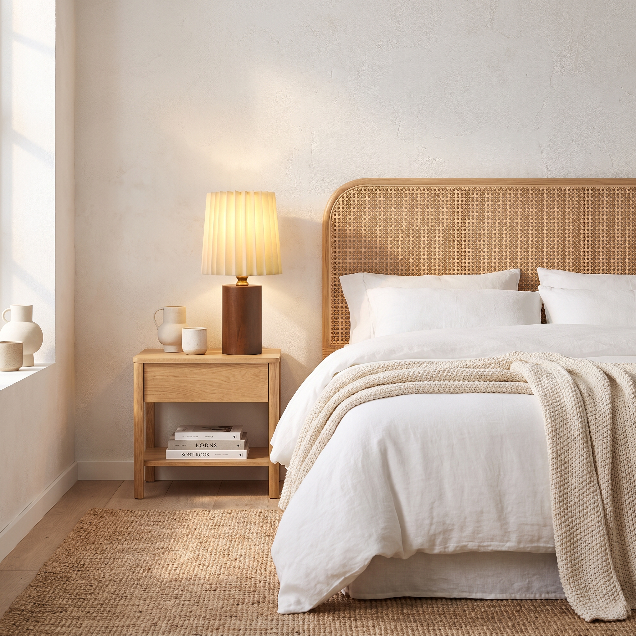 Marlo solid wood table lamp on an oak bedside in a coastal bedroom