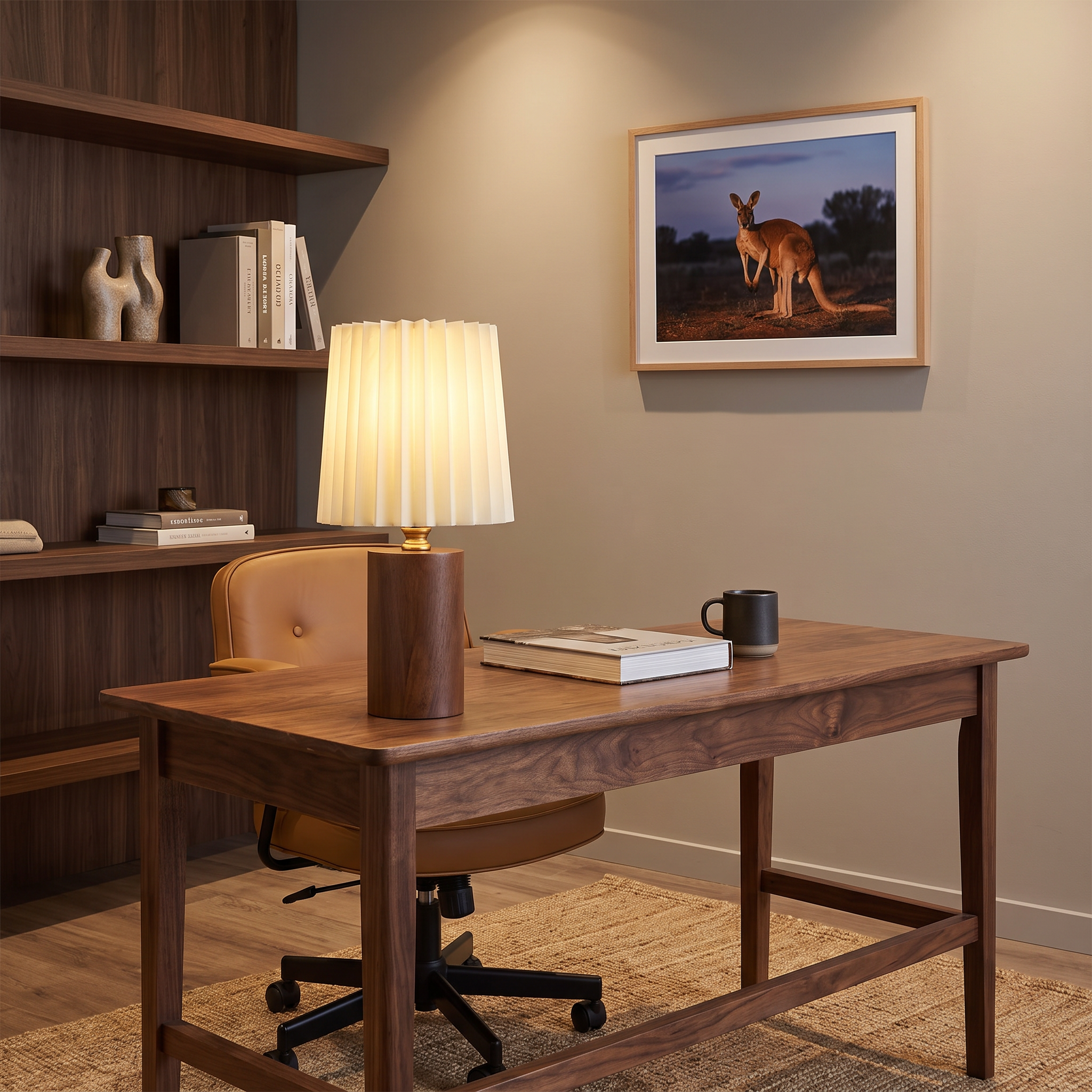 Marlo solid wood table lamp on a walnut desk in a home office