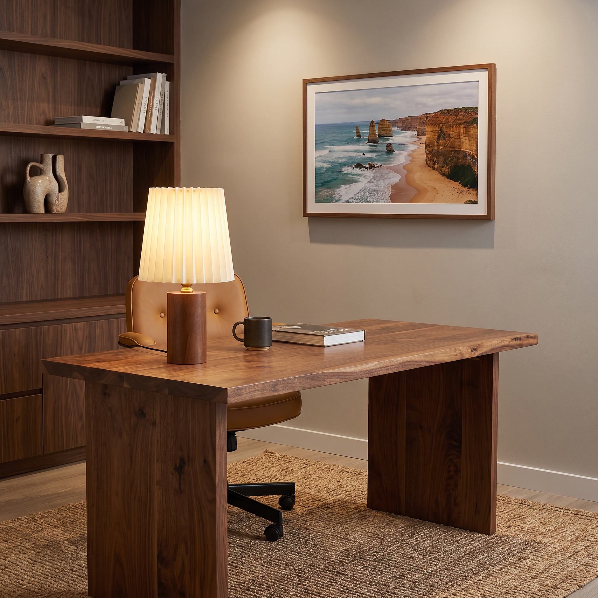 Marlo solid wood table lamp on a walnut desk in a home office with Twelve Apostles artwork