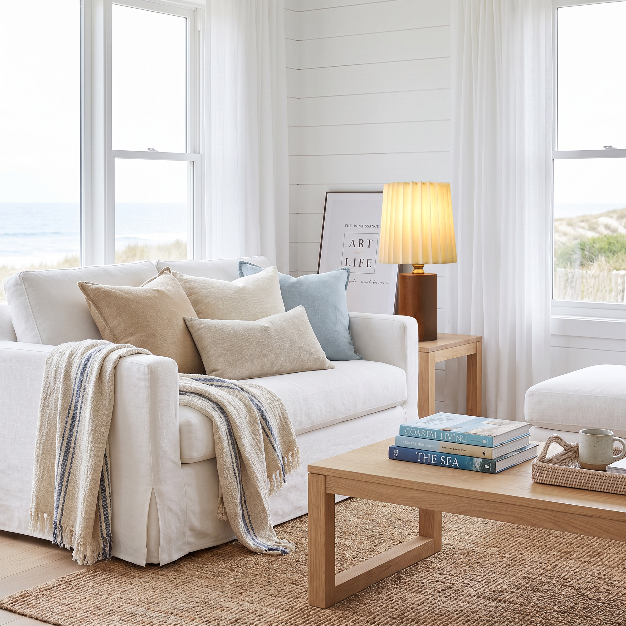 Marlo solid wood table lamp on a side table in a bright beach-house living room
