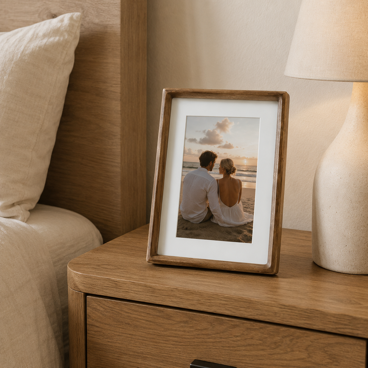 Maskout Solid Wood Photo Frame displayed on a shelf in Walnut Wood finish