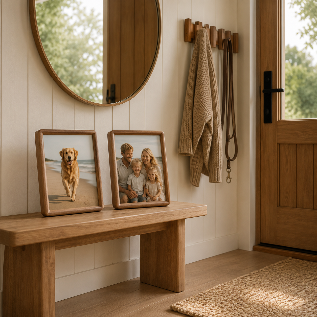 Maskout Photo Frame in Golden Wood styled on a console table