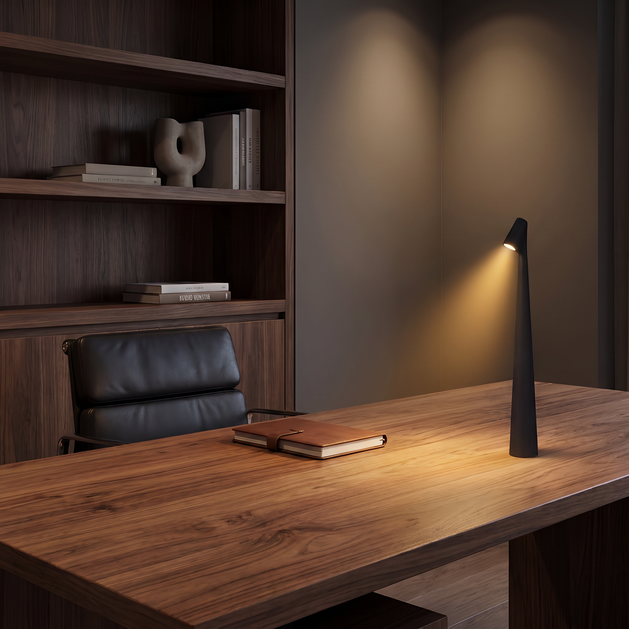 Massa cordless dimmable LED table lamp in Black on a timber desk in a home office