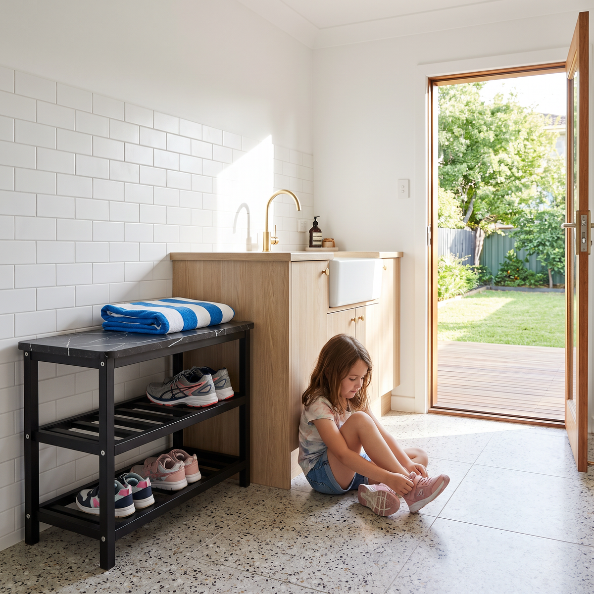 Mata shoe rack holding kids sneakers in a laundry beside the open back door