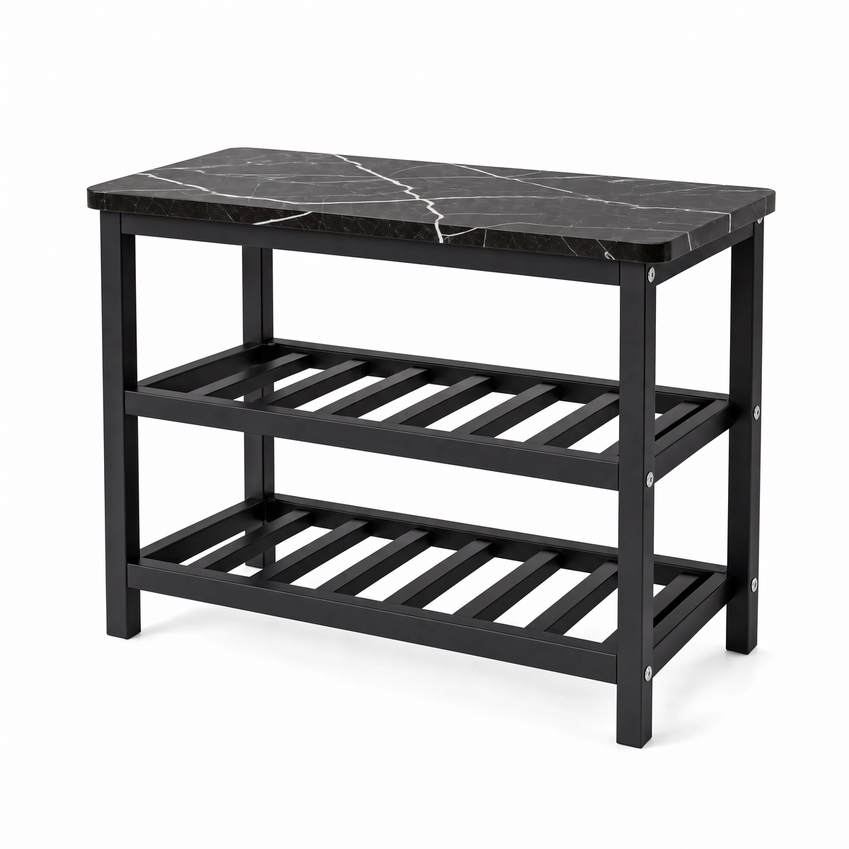 Mata shoe rack in black with marble-look top and shoes on both shelves on a white backdrop
