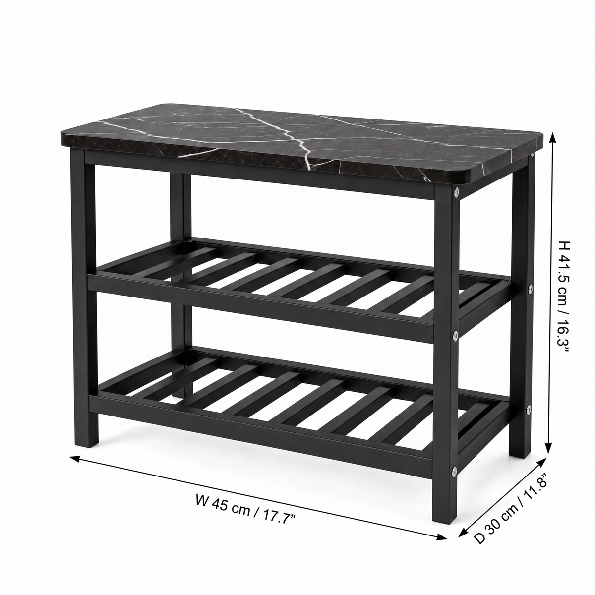 Mata shoe rack size diagram showing 45cm (17.7in) width, 30cm (11.8in) depth and 41.5cm (16.3in) height