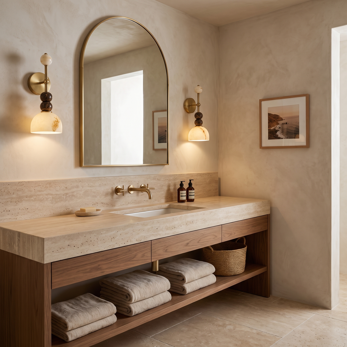 Mathilde marble wall light either side of an arched mirror above a travertine vanity