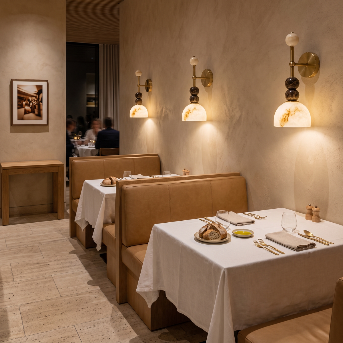 Mathilde marble wall light above tan leather booths in an upscale restaurant