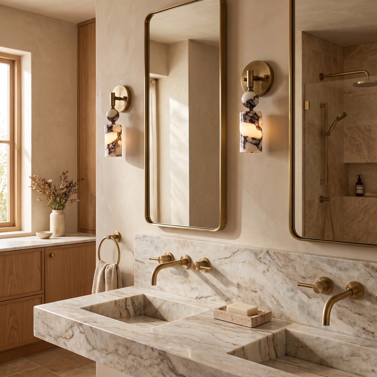 Matteo marble wall light either side of a mirror above a marble vanity in an ensuite