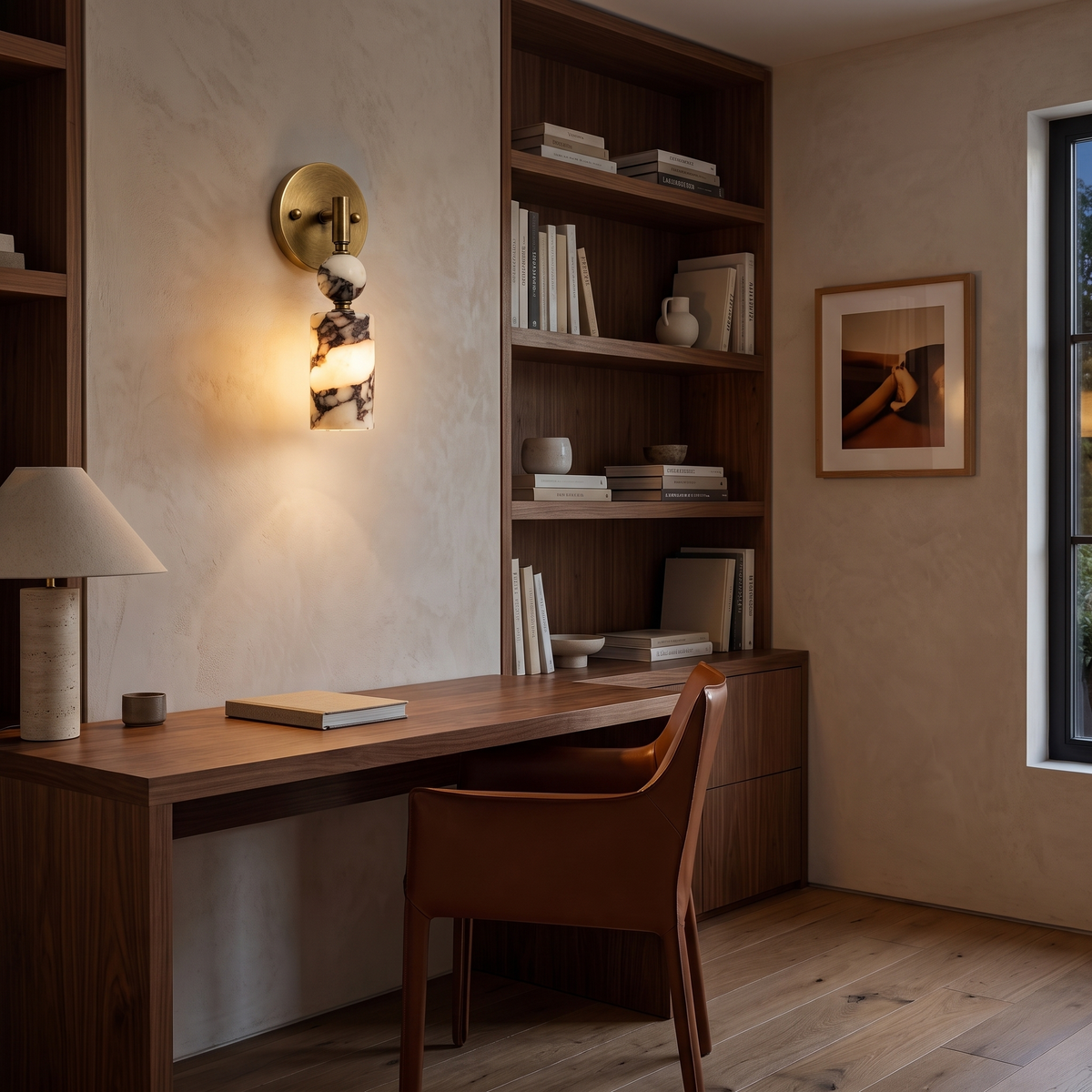 Matteo marble wall light above a walnut desk in a home study