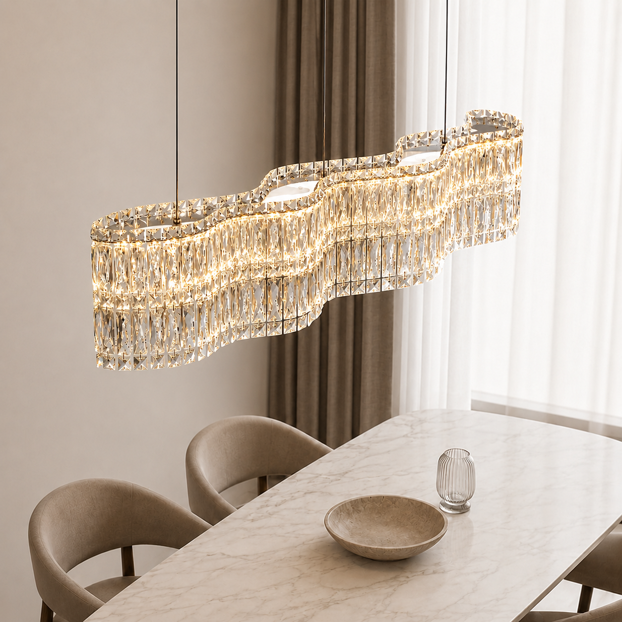 Maui Crystal Wave Chandelier illuminated