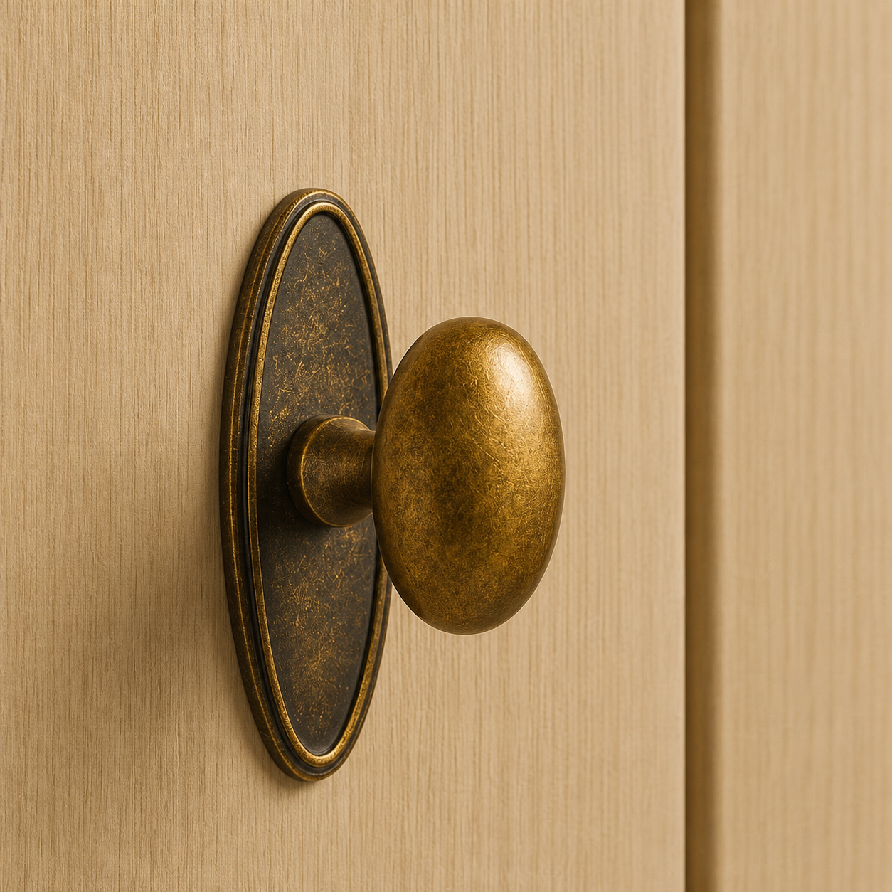 Meadows Vintage Brass Cabinet Knob shown on a kitchen drawer