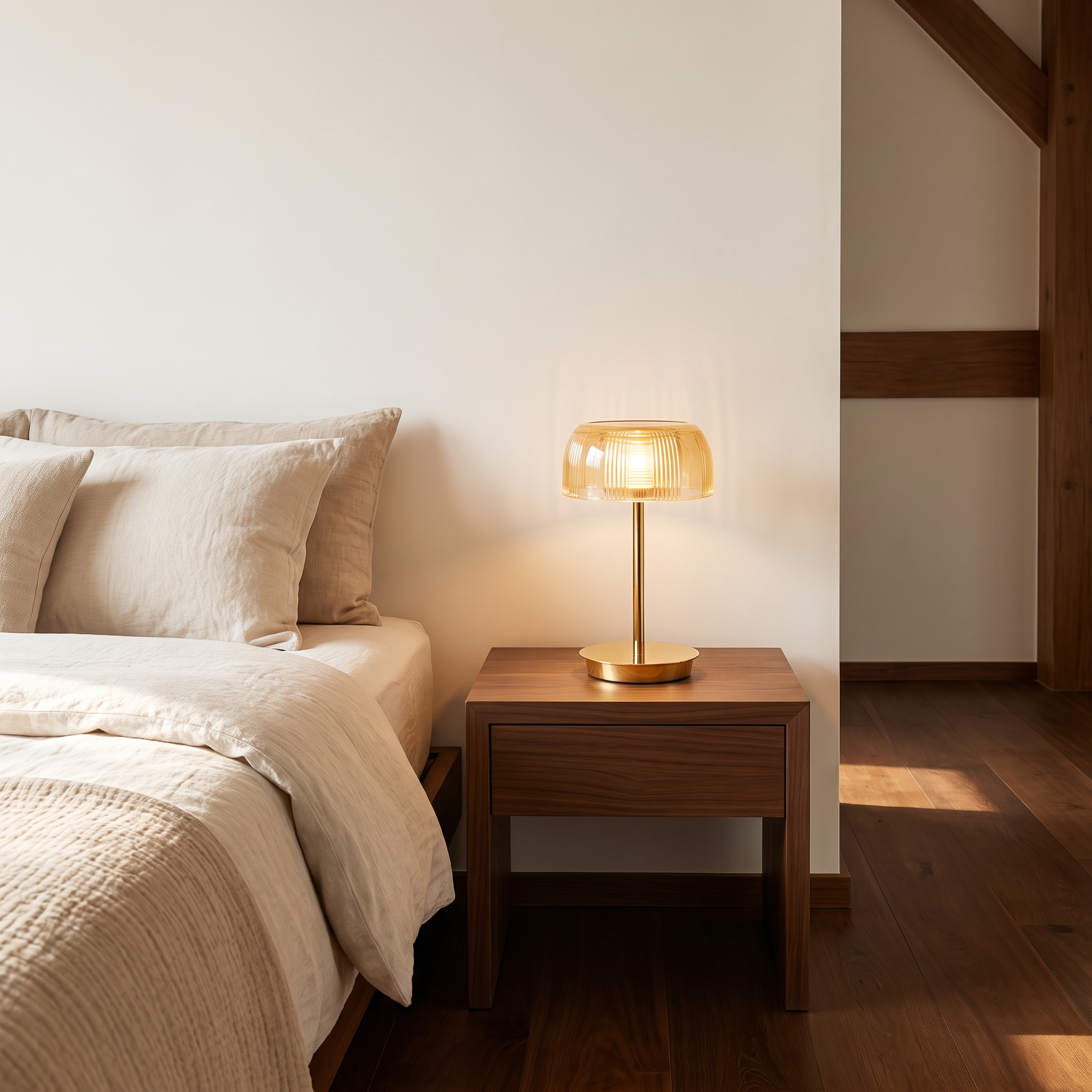 Mermaid portable LED table lamp on a timber bedside table in a coastal bedroom