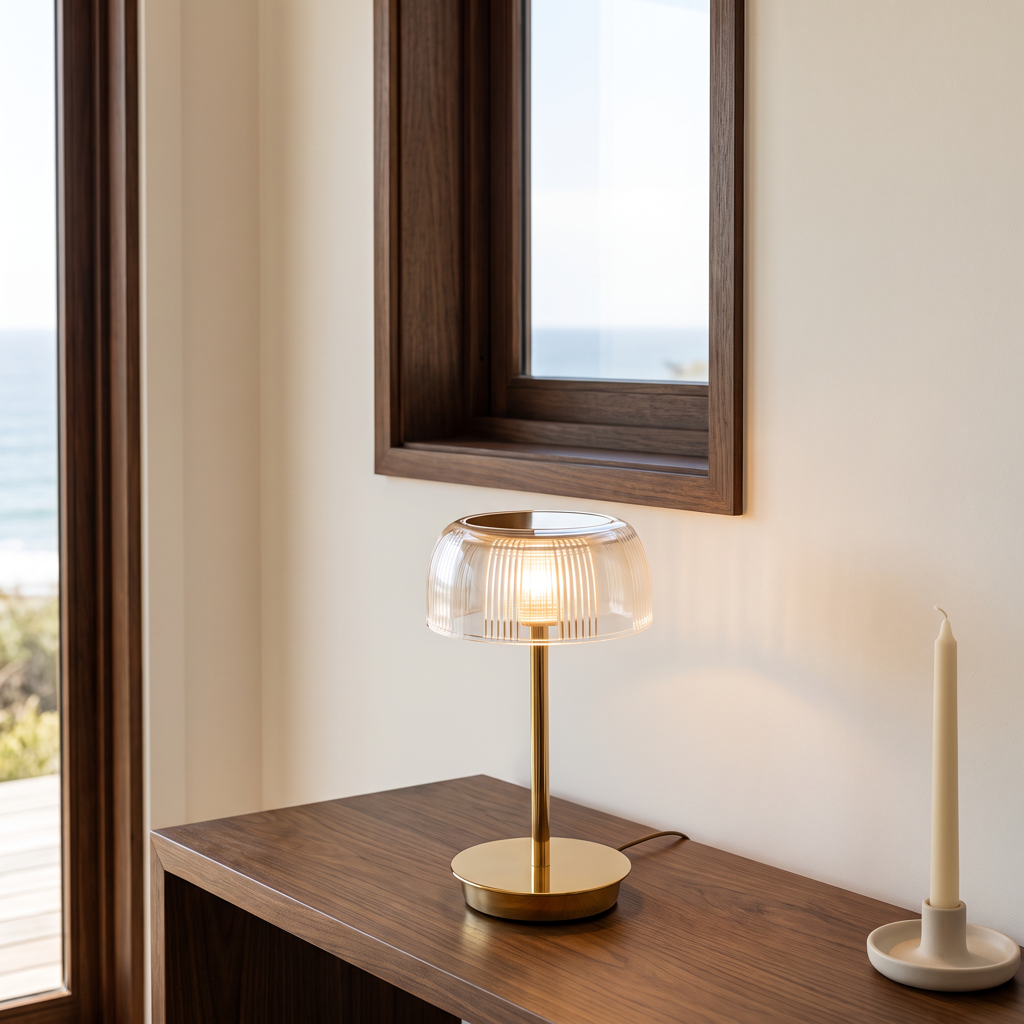 Mermaid portable LED table lamp on an entryway console with an ocean view