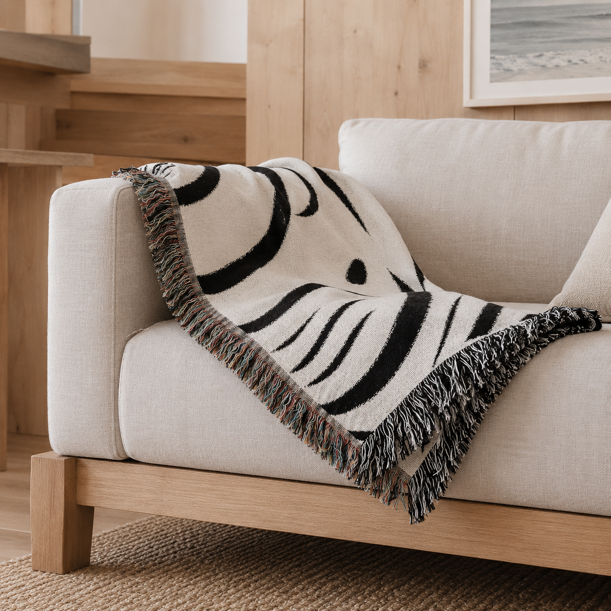 Merrow Jacquard Wave Cotton Throw Blanket draped over a sofa in a living room setting