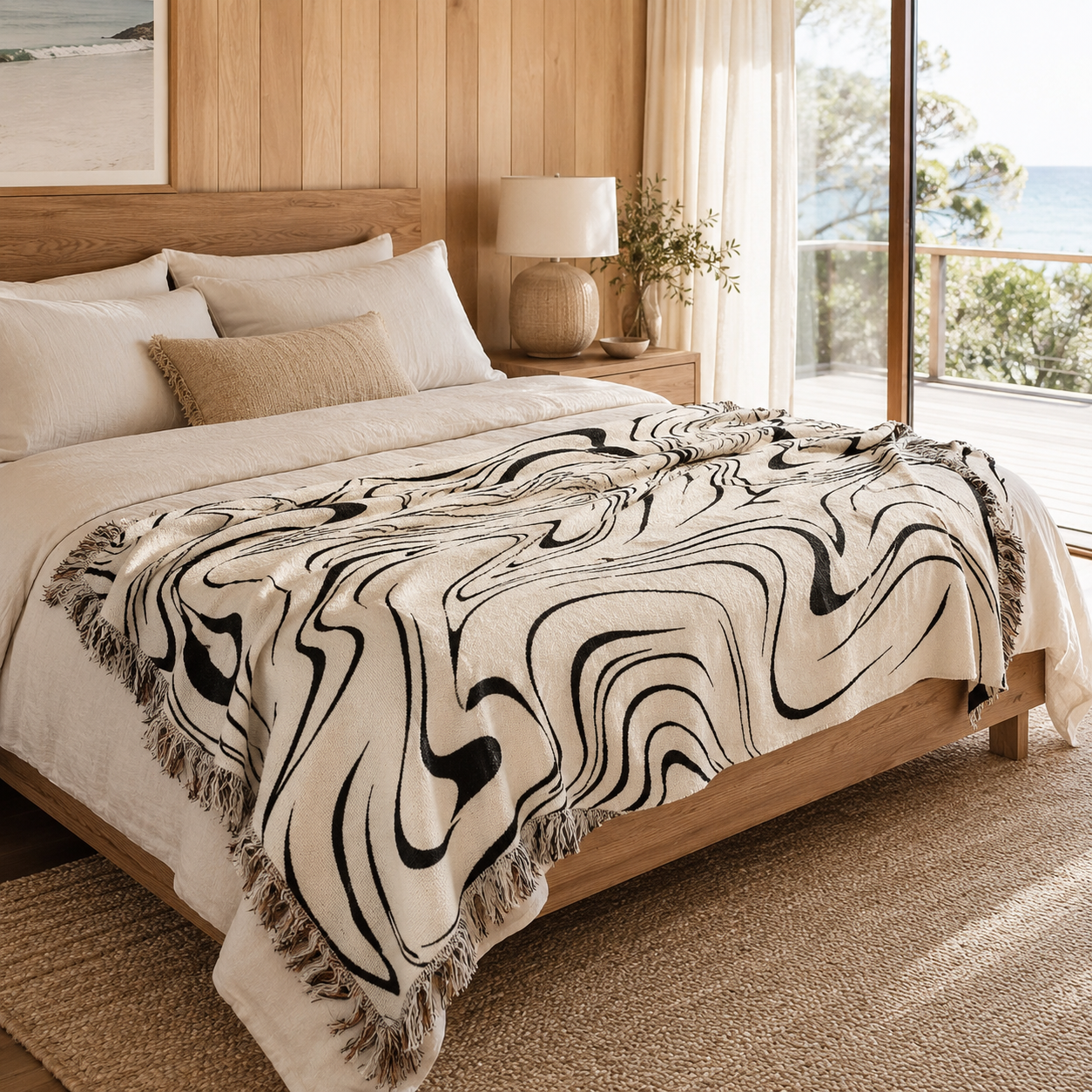 Merrow Jacquard Wave Cotton Throw Blanket in jacquard woven cotton with a wave pattern