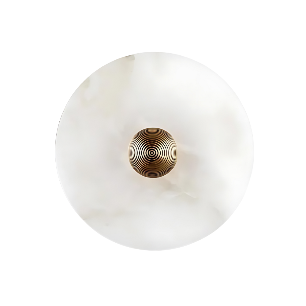 Miki round alabaster wall light showing the flush-mounted stone disc