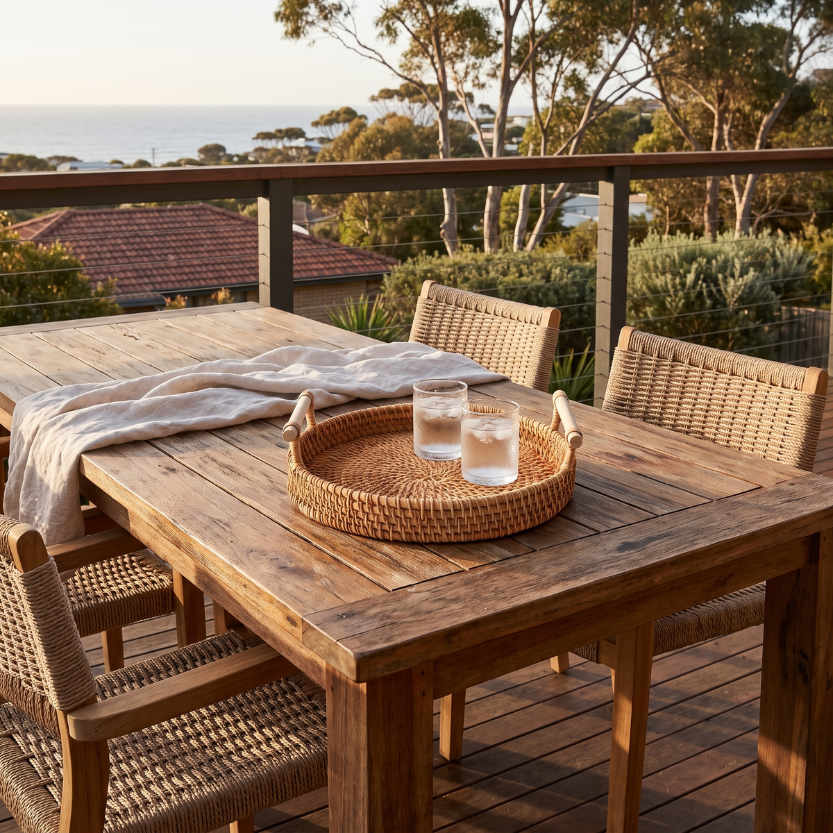 Mila Rustic Rattan Serving Tray on an outdoor spotted gum deck table with a coastal hillside outlook
