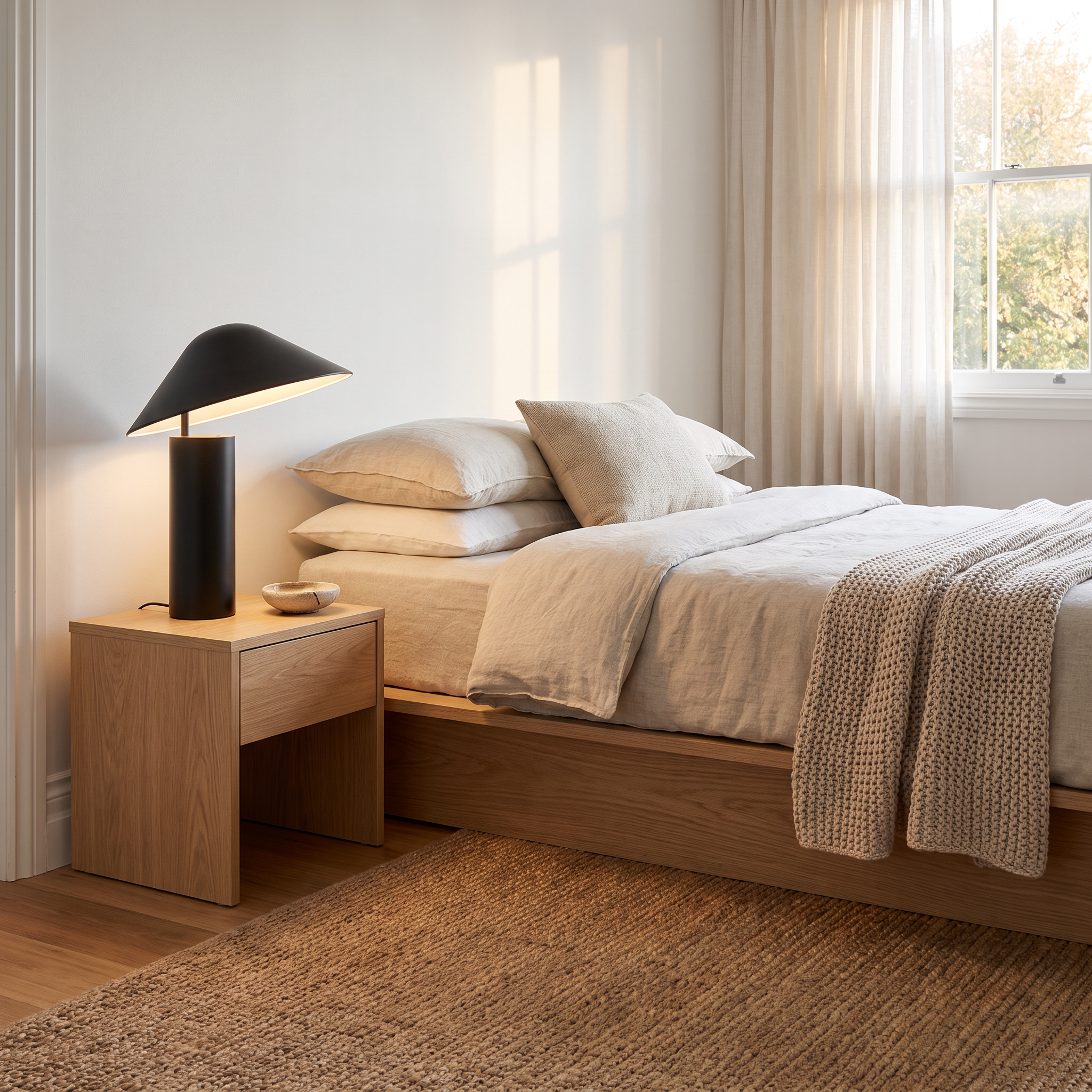 Milton black dome table lamp on an oak bedside in a coastal bedroom