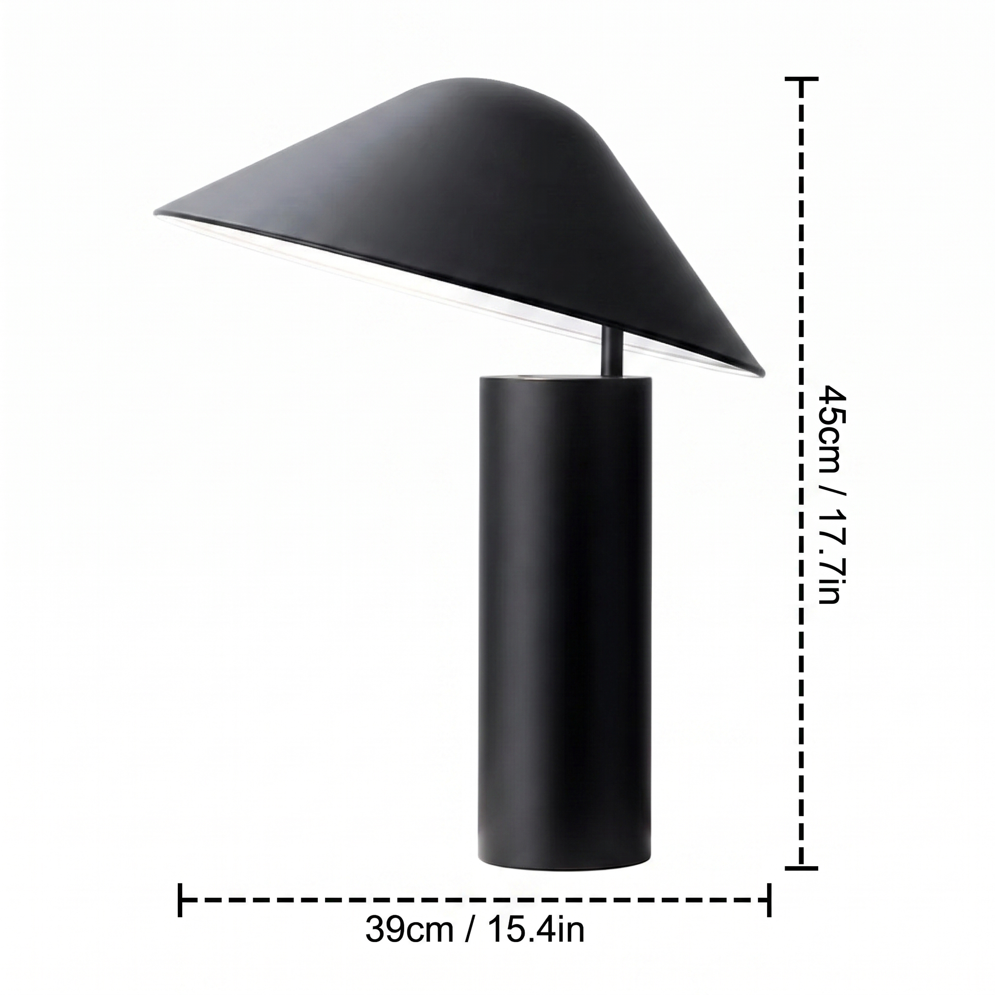 Milton table lamp dimensions diagram in black and white, 45cm/17.7in high and 39cm/15.4in wide