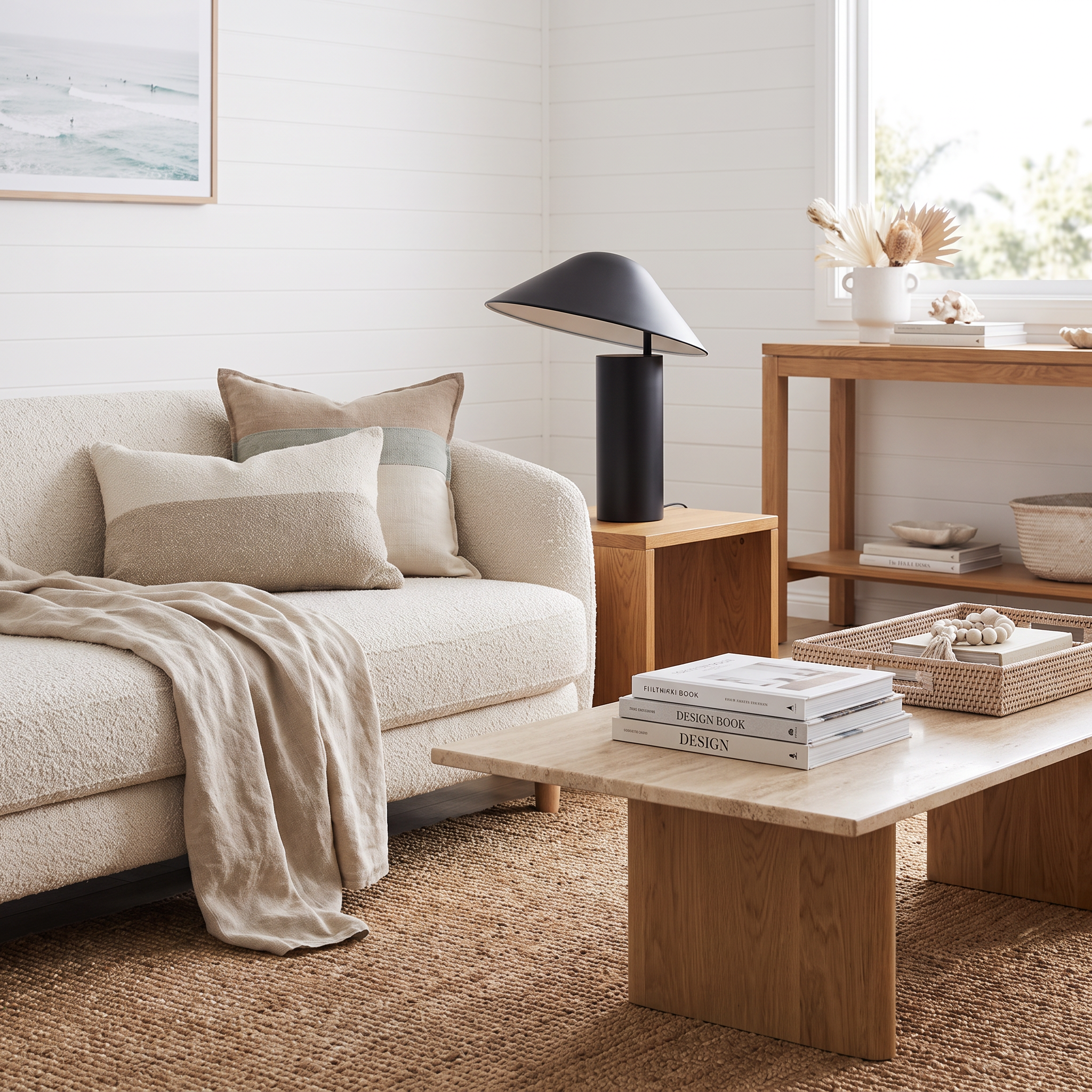 Milton black dome table lamp on a side table in a coastal living room