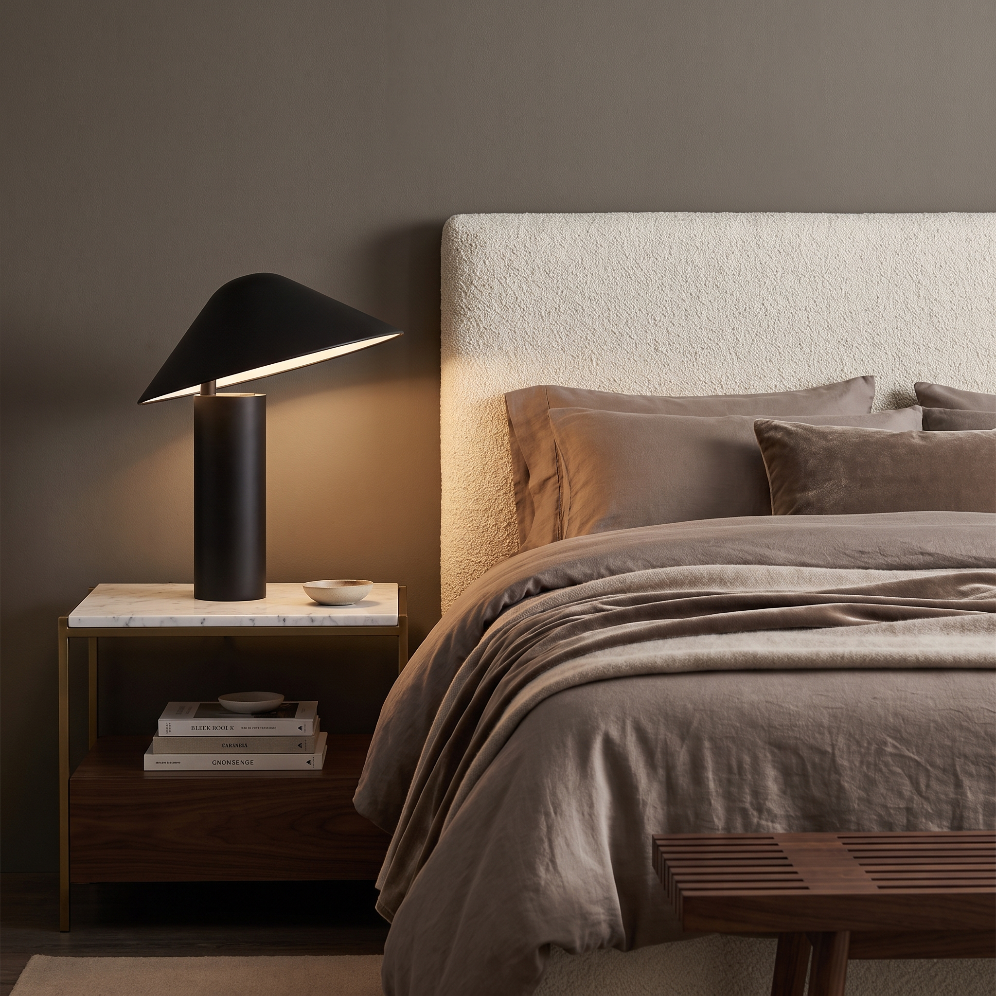 Milton black dome table lamp on a marble bedside in a warm luxe bedroom