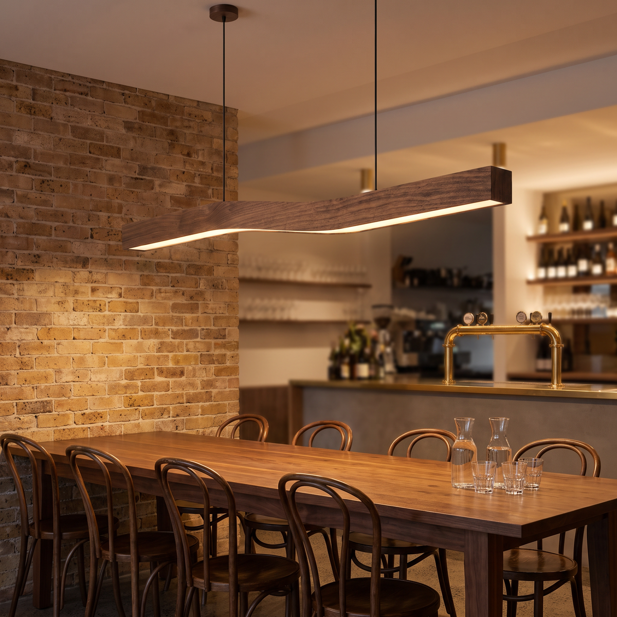 Minna linear pendant lighting a long communal walnut table in a cafe wine bar