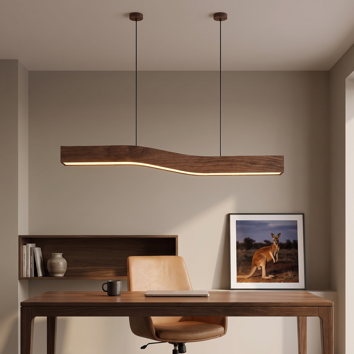 Minna 90cm (35.4in) linear pendant centred over a walnut desk in a home office