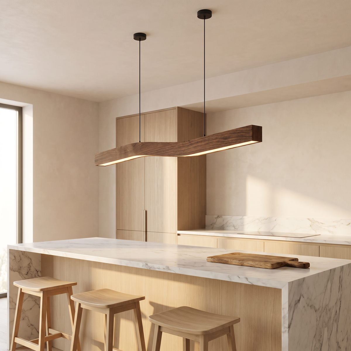 Minna wave linear pendant light above a white marble kitchen island in a bright Japandi kitchen