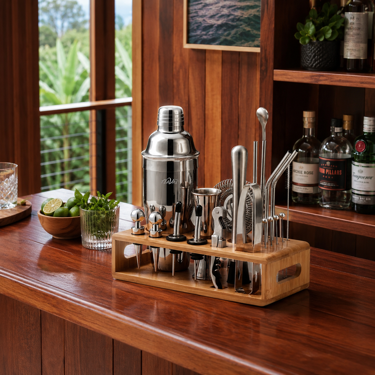 Mix Master 25-piece bartender kit displayed on its bamboo stand