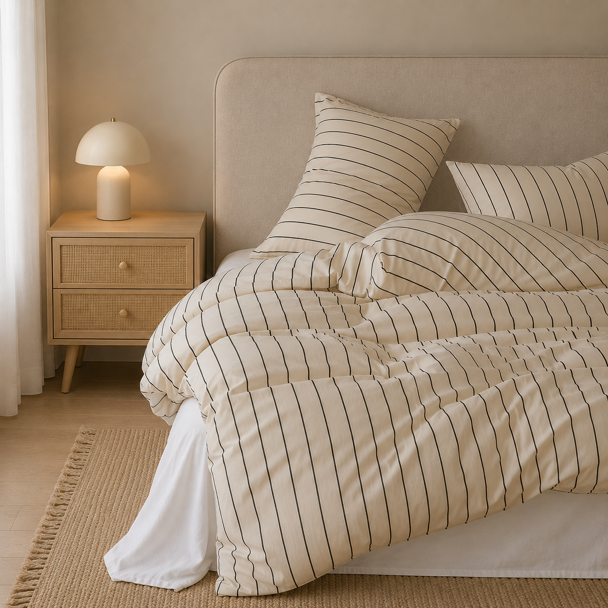 Monaco Striped Cotton Bedding Set styled on a bed with nightstand