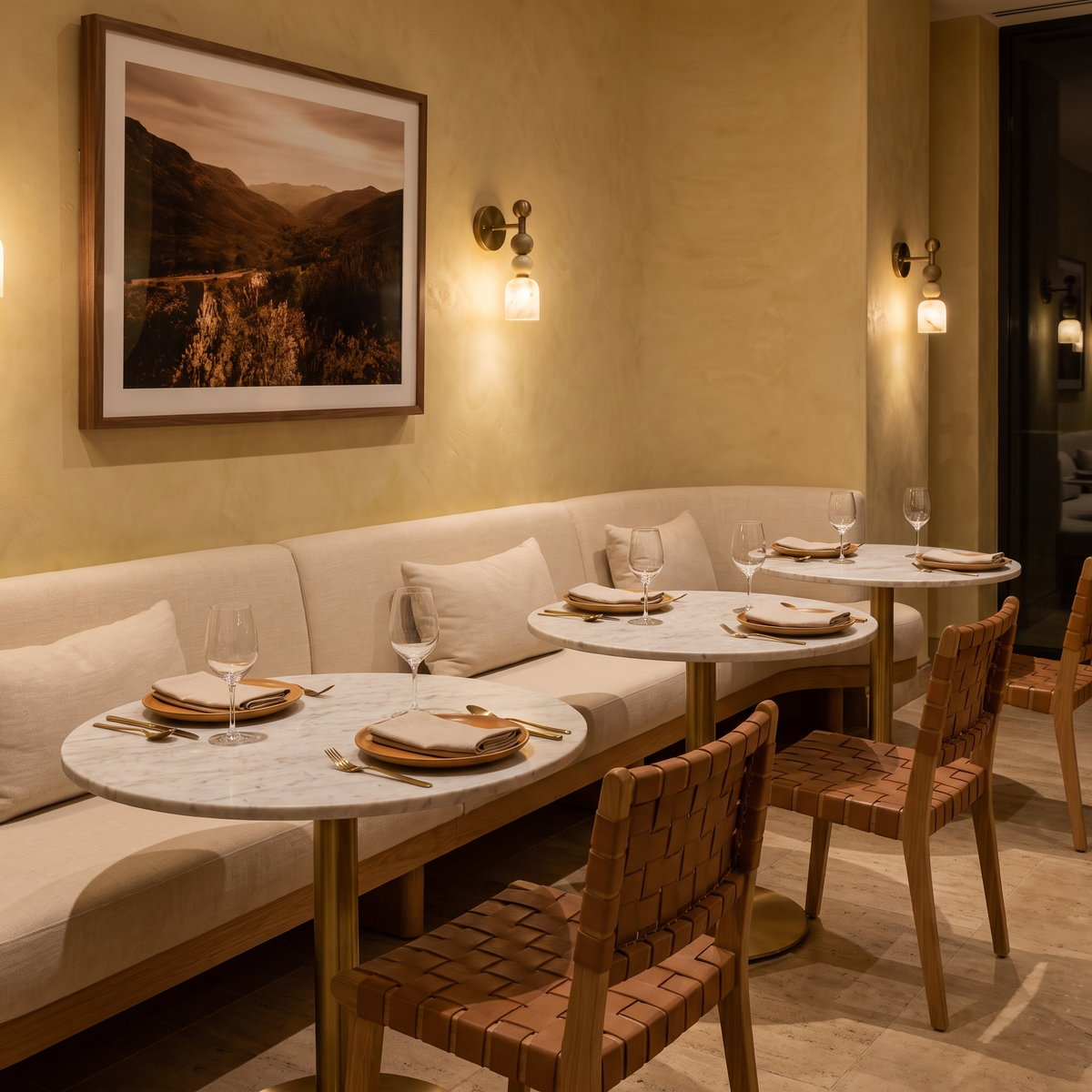 Monti marble bead wall light above a cream banquette in a restaurant private dining room