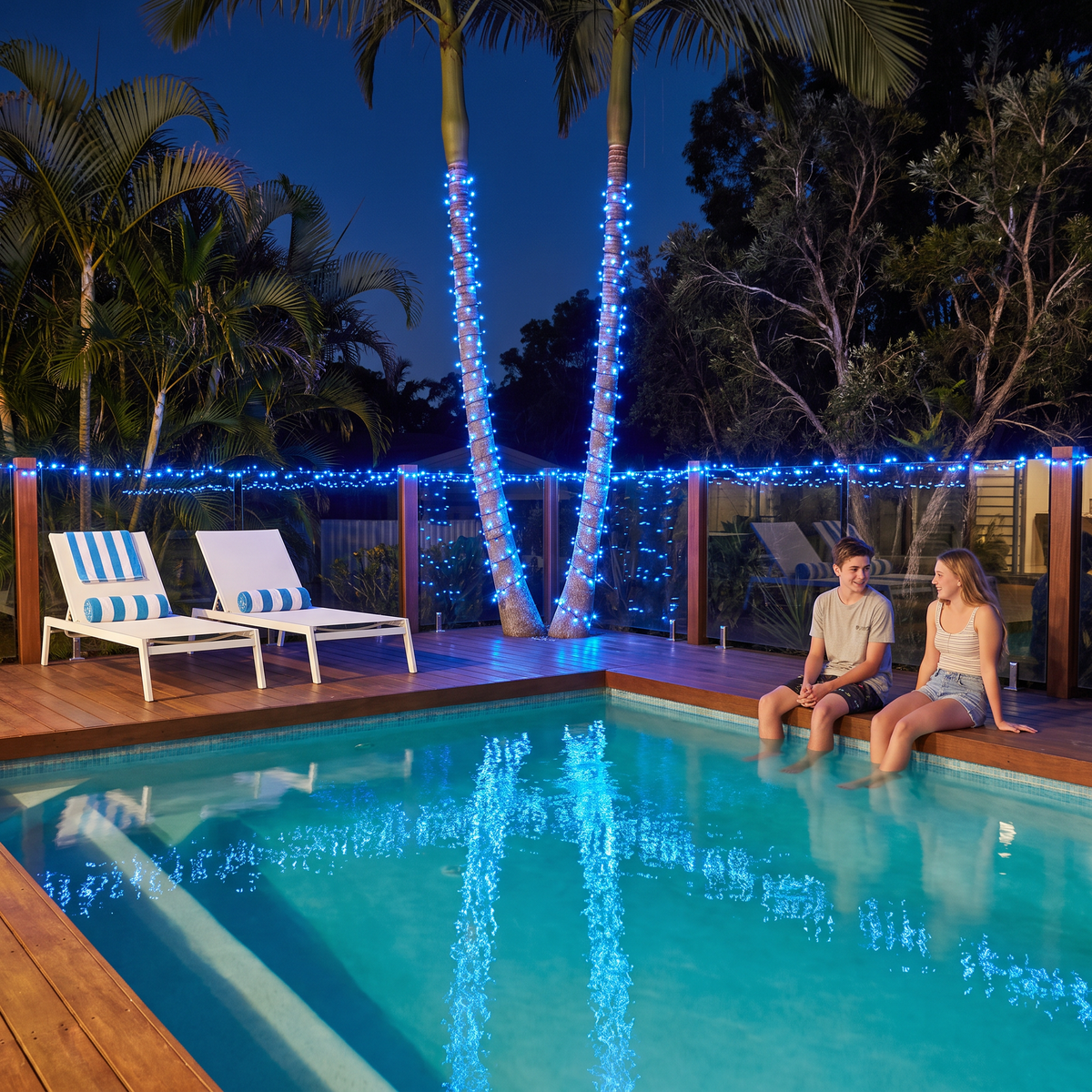 Mulligan blue LED fairy lights on a pool fence and palm trees at night