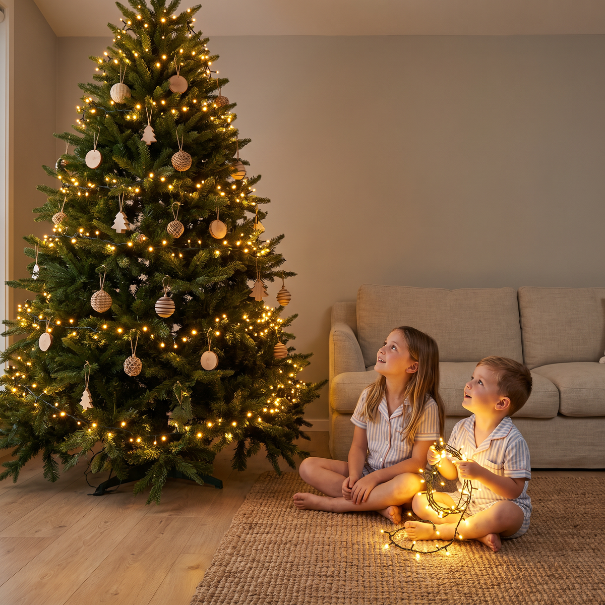 Children beside a Christmas tree wrapped in Mulligan warm white LED fairy lights