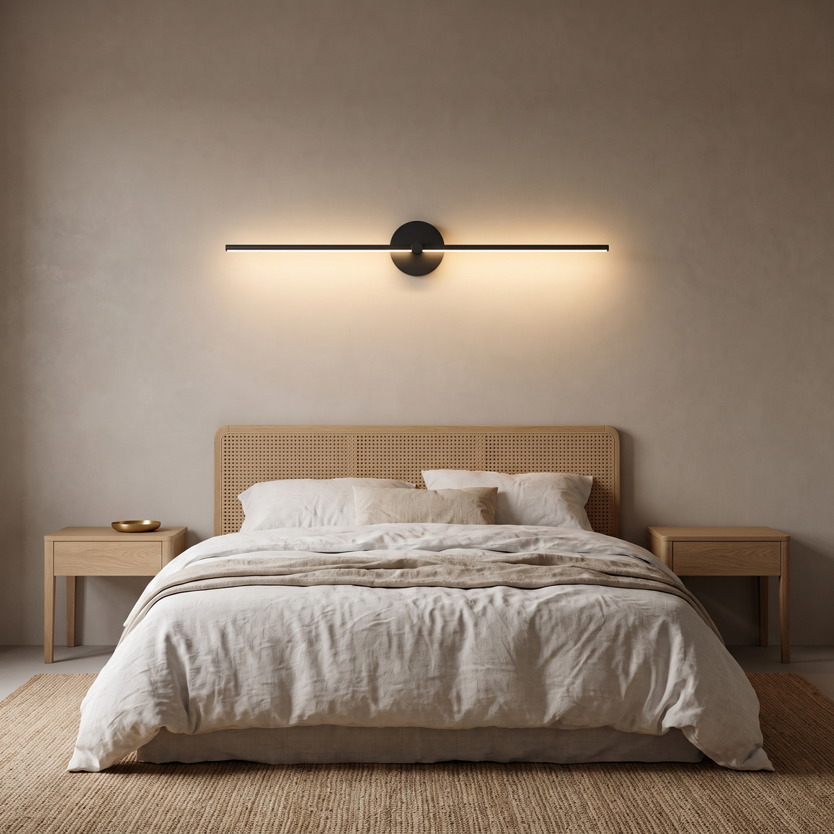 Muxlow black linear LED wall light mounted above a cane bed in a calm bedroom
